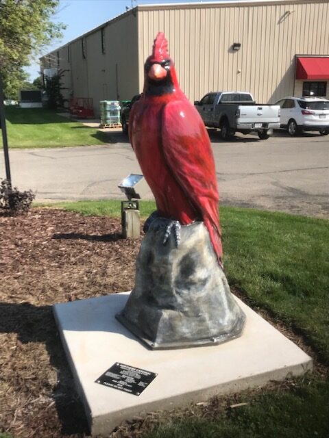 Northern Cardinal- Represents Prosperity & Pride
CHARACTERISTICS - Cheerful song, Brilliant red color-Males
Sponsorship:
Darlington Community Foundation, Mathys ACE Hardware, Nature’s Gifts, Ritchie’s Implement, Reilly Plumbing & Heating, Subway, Superior Executive Services, TriCom Radio Shack, Town Bank, Town & Country Insurance, Virtue Motors, Wiegel Group.
Sculptor- David Oswald
Artists- Nikki & Brody Cooper